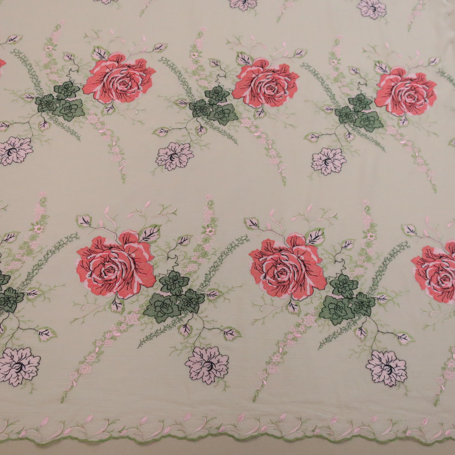 Ivory Chiffon Green and Rose Floral Embroidery Fabric | Rex Fabrics