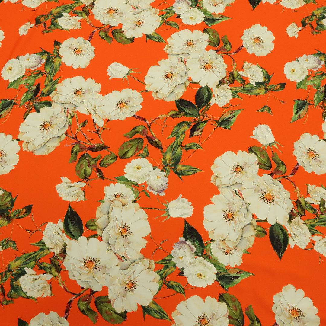 Orange Background with Ivory Floral Printed Fabric | Rex Fabrics