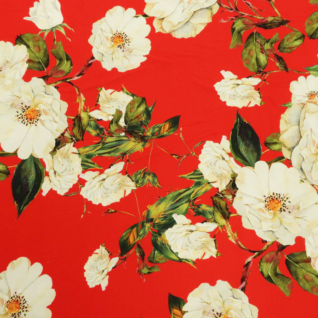 Red Background with Off White Floral Printed Fabric | Rex Fabrics