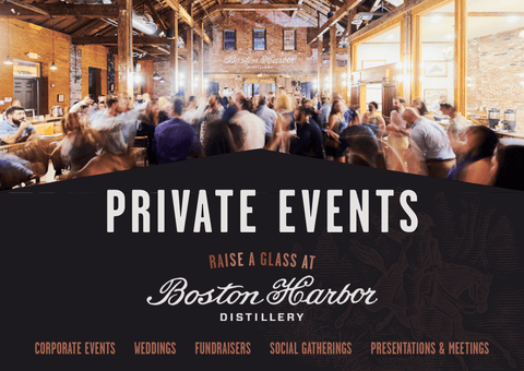 Private events header with a picture of a packed room at Boston Harbor Distillery