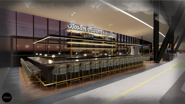 A rendering of the Boston Harbor Distillery bar at Logan Airport