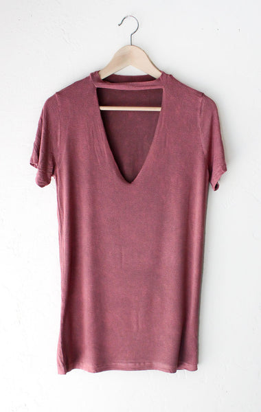 Deep V-neck Cutout Acid Wash Shirt - Burgundy - NYCT CLOTHING