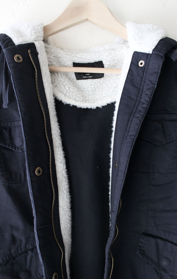 Faux Fur-Lined Hooded Jacket - Navy - NYCT Clothing