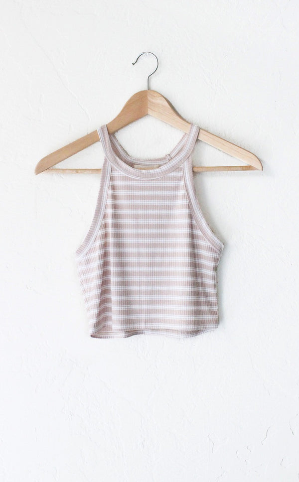 Striped Ribbed Halter Crop Top - Taupe - NYCT Clothing