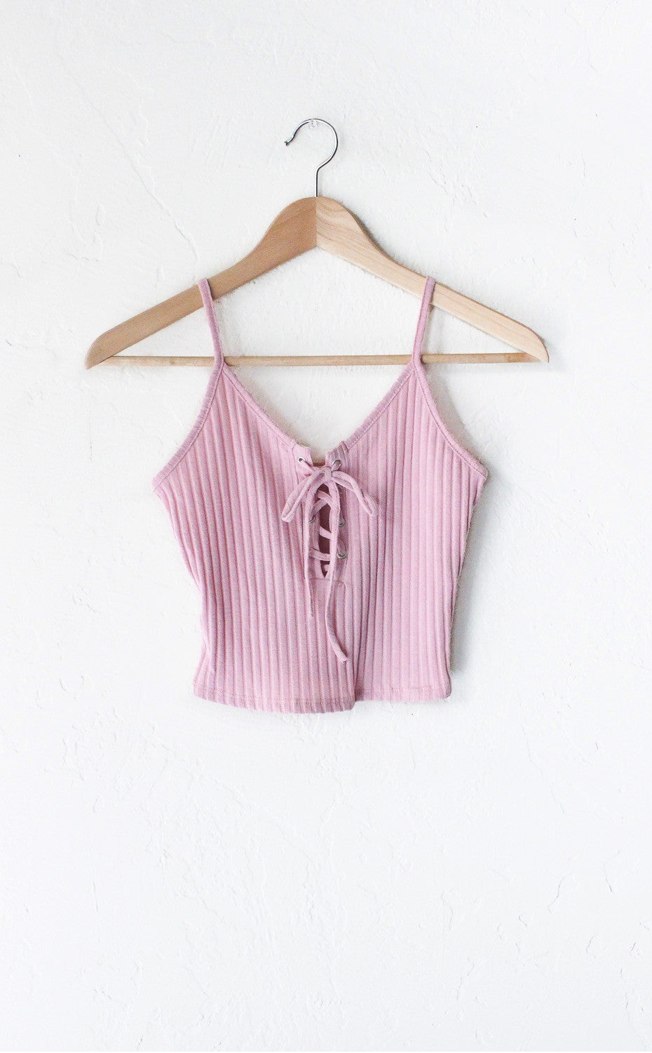 Lace Up Knit Crop Tank Top - Pink - NYCT Clothing