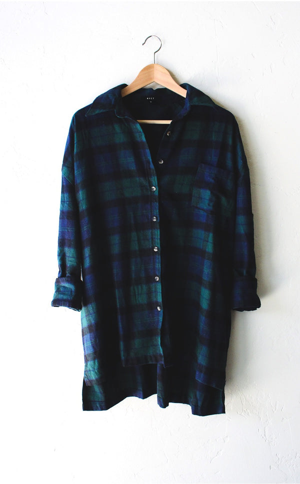 Oversized Plaid Button Down Shirt - Green/Navy - NYCT Clothing