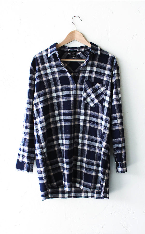 Oversized Plaid Flannel Shirt - Blue - NYCT CLOTHING