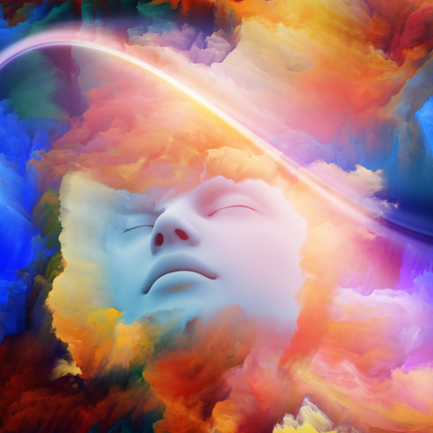 lucid dreaming face in a colorful sky