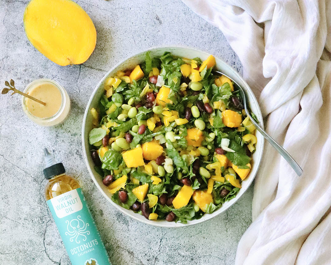 Mango Edamame Salad with Octonuts Walnut Oil Tahini Dill Dressing