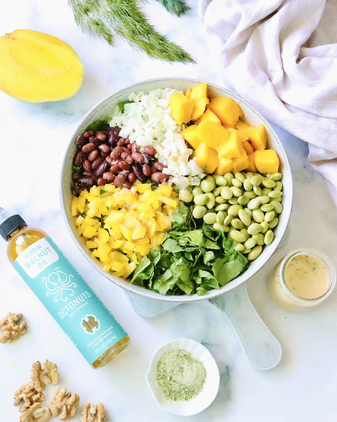 Mango Edamame Salad with Octonuts Walnut Oil Tahini Dill Dressing