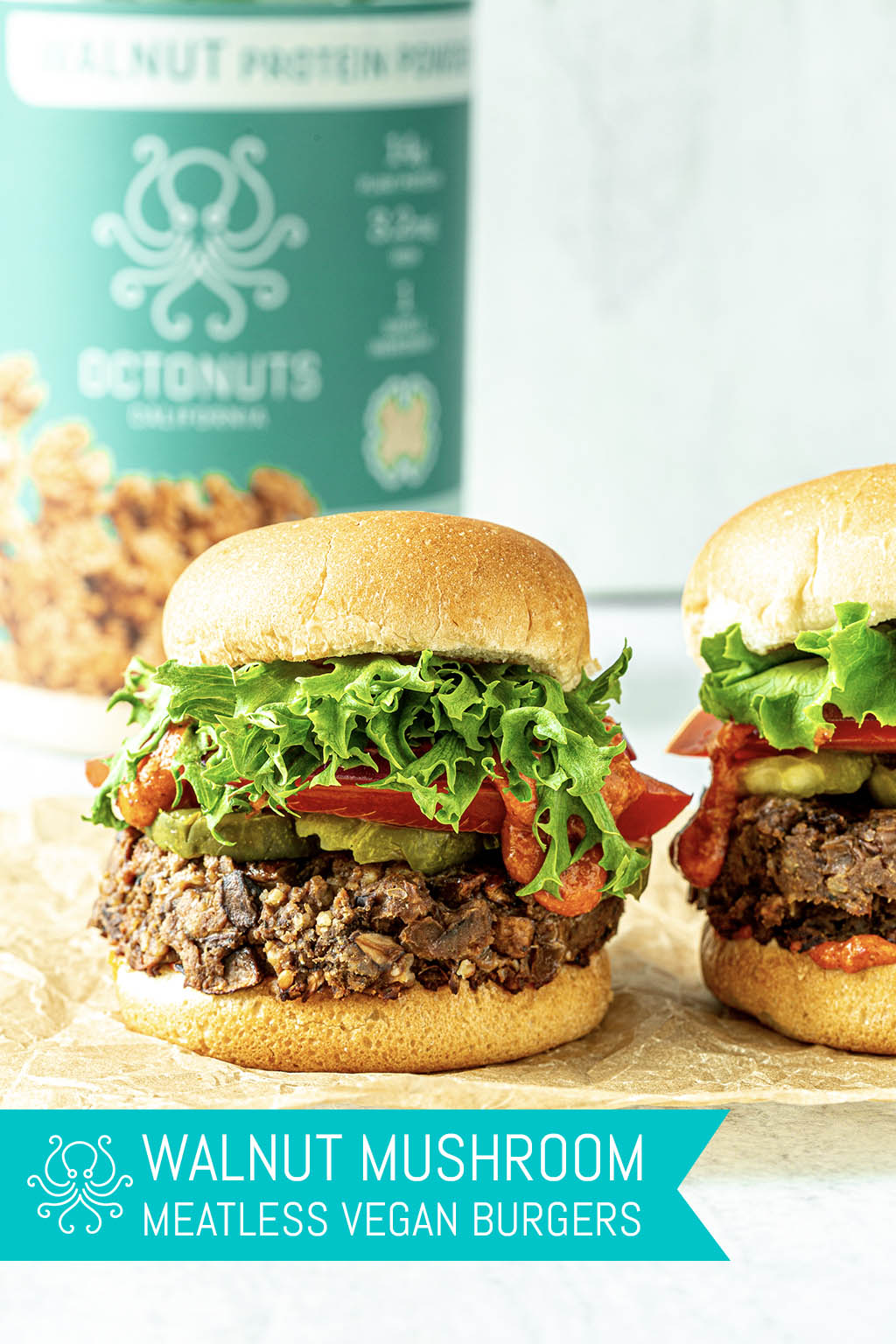 Walnut Mushroom Meatless Vegan Burgers with Octonuts Walnut Protein Powder