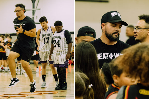 Adrian Rios and Jacob Cabb running drills with youth. Adrian Rios and youth at the FEATURE x Adidas and Heat Wav event