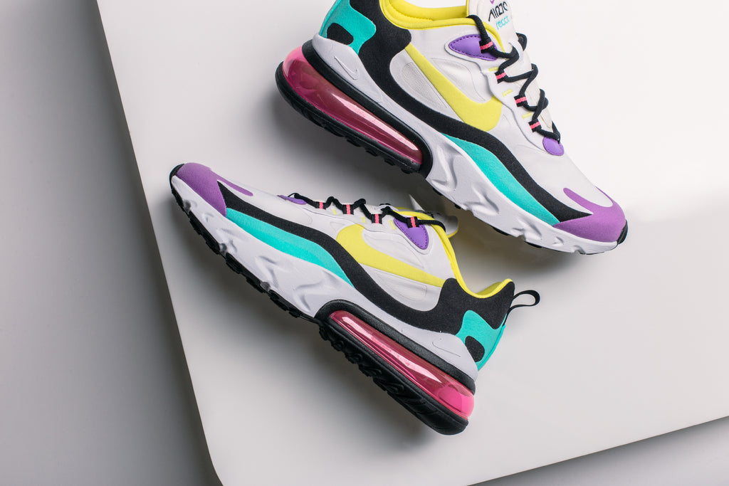 nike purple black and yellow air max 270 react sneakers