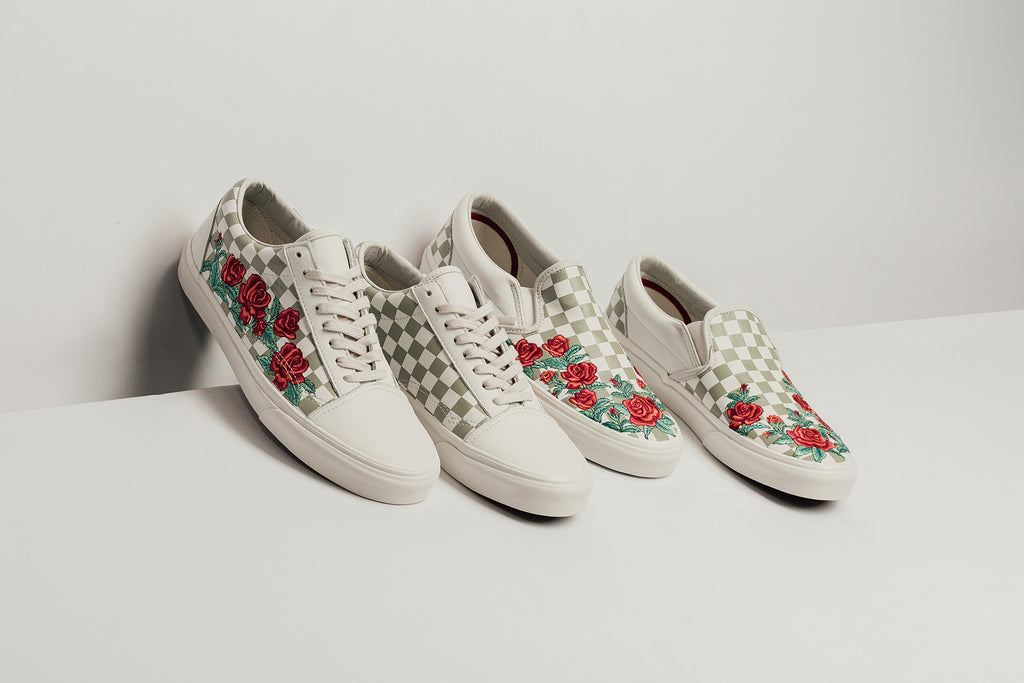 white slip on vans with rose embroidery