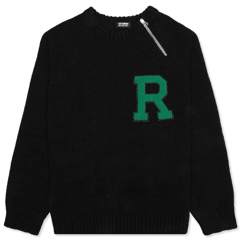 Raf Simons Raglan Sweater W/ Letter Badge and Zipper - Black – Feature