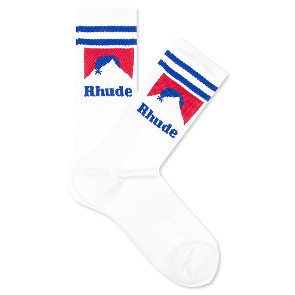 Rhude Mountain Logo Socks - White/Red/Blue – Feature