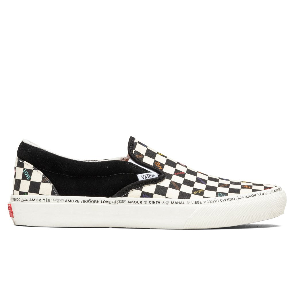 vans classic slip on black marshmallow checkerboard