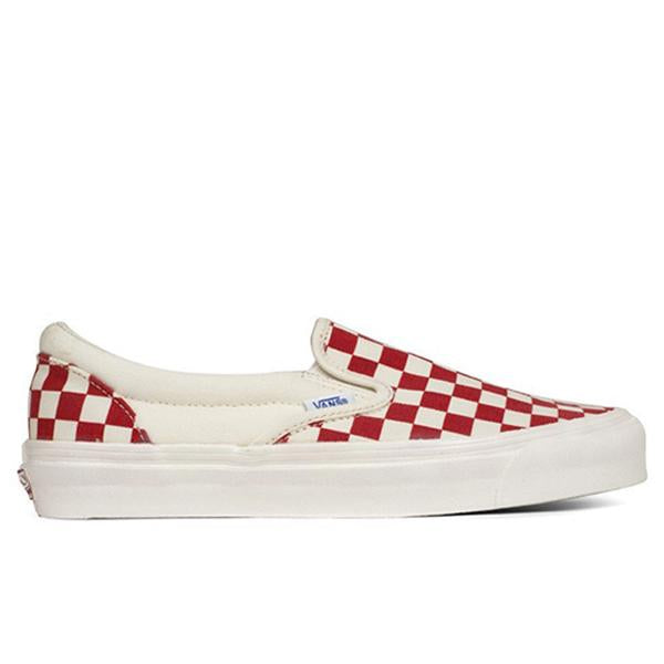 red and white slip on checkerboard vans
