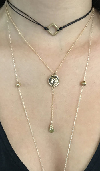 Handmade Gold Fill Yin Yang Charm Lariat Delicate Necklace with Labradorite Drop