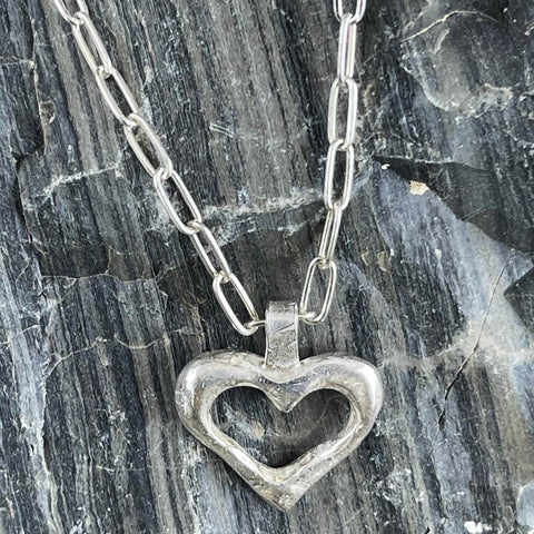 Sterling Silver Heart Lock Paperclip Chain Necklace
