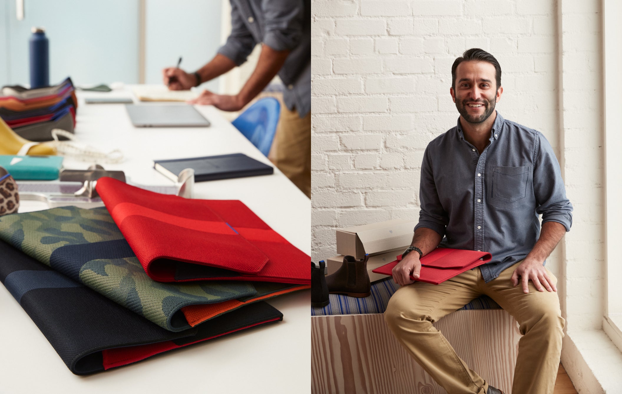 On the left, a table with design materials and a stacked assortment of The Portfolio. On the right, a man sitting on a bench holding The Portfolio in Ruby Red, in front of a white brick background. 