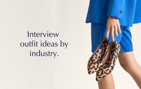 Text saying "Interview outfit ideas by industry", against a background image of a model holding The Point in Big Cat. 