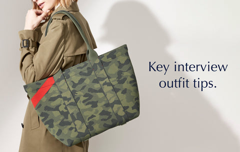 Text saying "Key Interview Outfit Tips", against a background image of a model holding The Essential Tote in Sage Camo.
