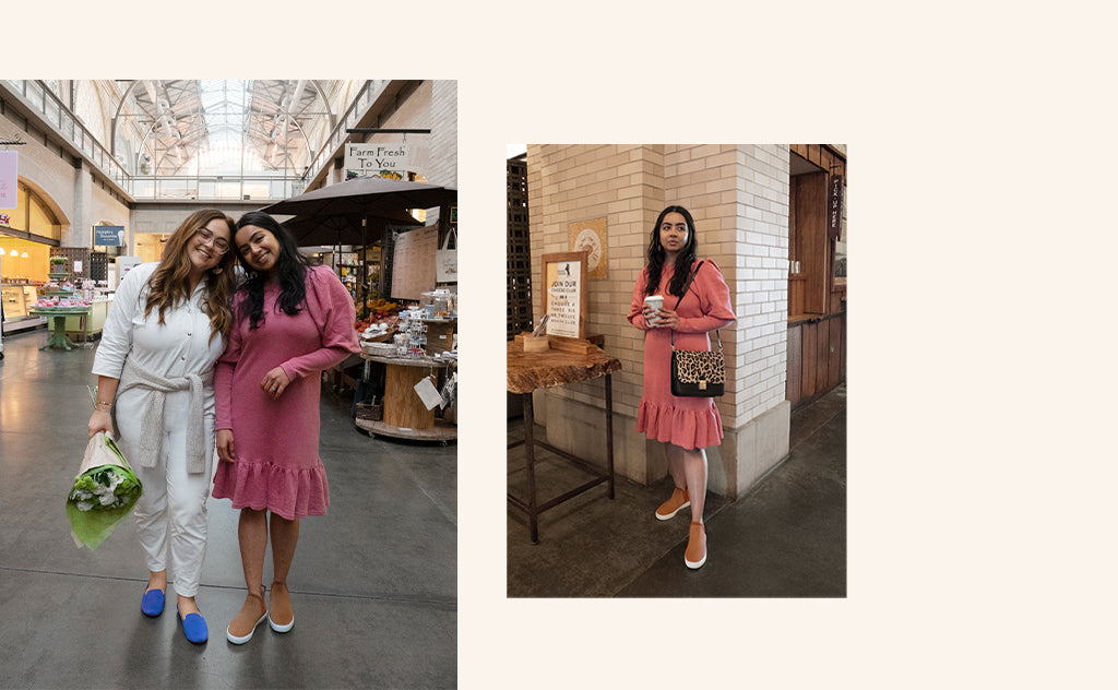 Images showing Rothy's employees wearing The Loafer in Cornflower and The Chelsea in Fawn as they tour the ferry building. 