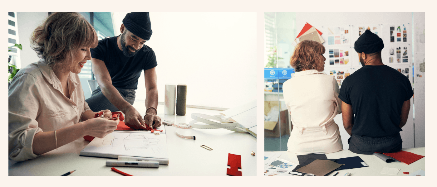 Bag Designer, Manon, and Product Designer, Lavion working on our bag designs. 