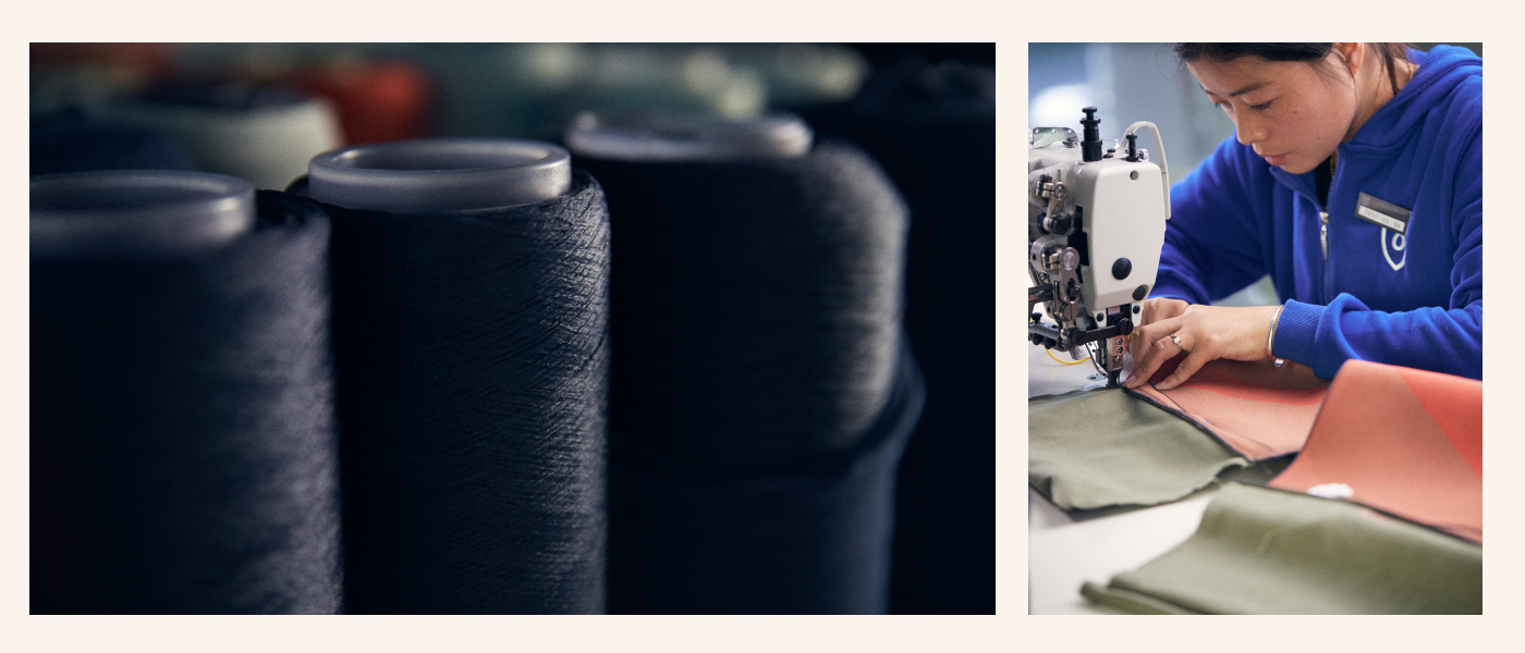 On the left, spools of Rothy's signature thread. On the right, one of our team members knitting our bags together. 