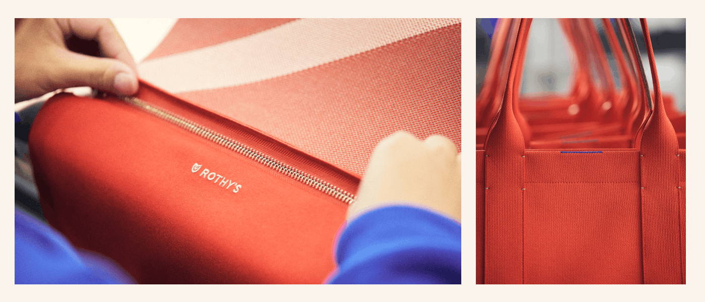 Close up details of The Essential Tote in Bright Poppy. 