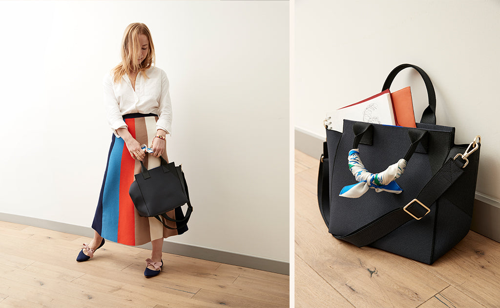 On the left: Our Art Director, Gretchen, holding The Handbag in Midnight Navy and wearing The Mary Jane in Sapphire. On the right, a close up of The Handbag in Midnight Navy.