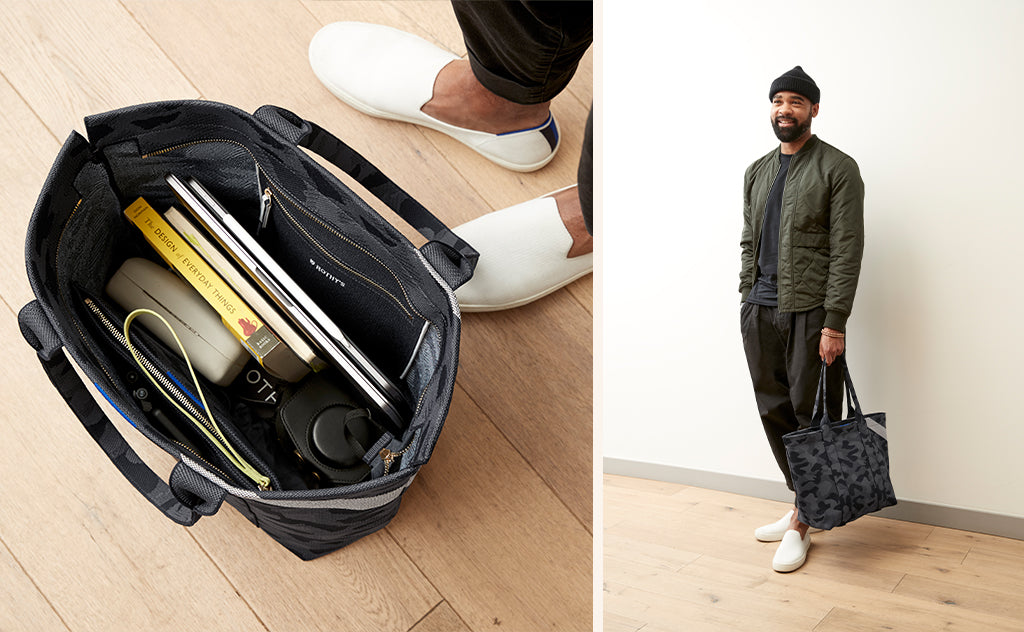 On the left, a topdown view of The Essential Tote in Slate Camo, shown with a camera, books and notebooks inside. On the right, Design Manager Lavion holding The Essential Tote in Slate Camo. 