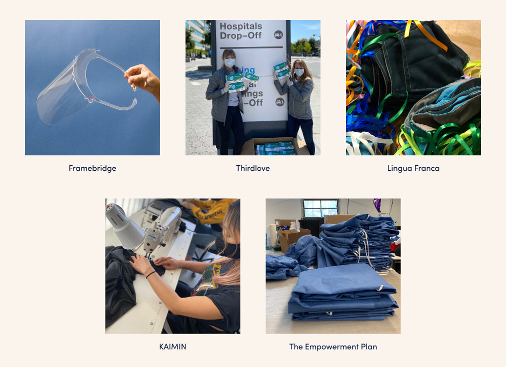 Collage of images showing face shields, mask donations and the production of personal protective equipment with the brands Framebridge, Thirdlove, Lingua Franca, KAIMIN and The Empowerment Plan listed. 