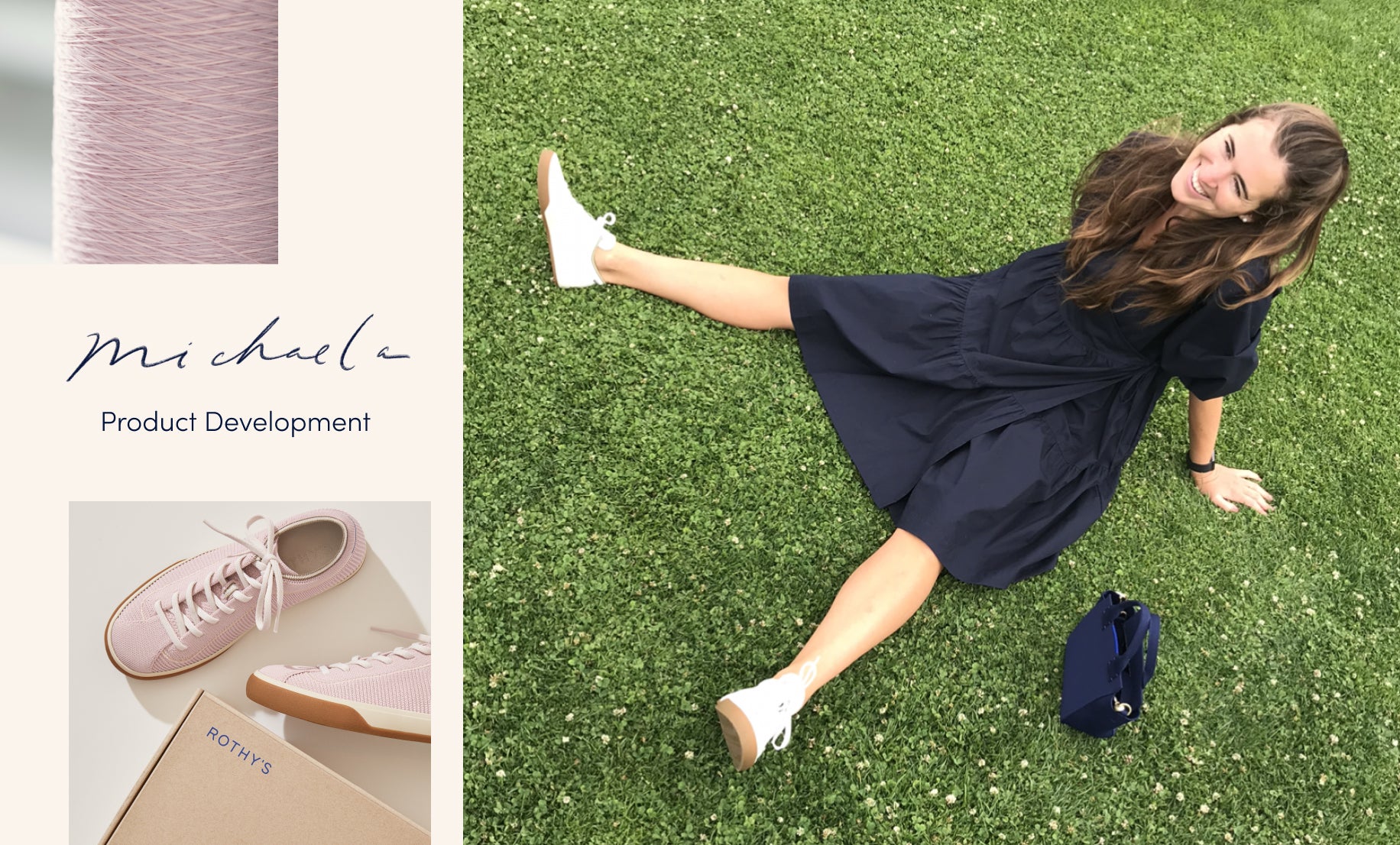 Image with the text “Michaela—product development”, with a collage of images showing her sitting in the grass wearing The Lace Up in Vanilla, a spool of lilac thread, and The Lace Up in Lilac shown with a Rothy’s shoebox. 