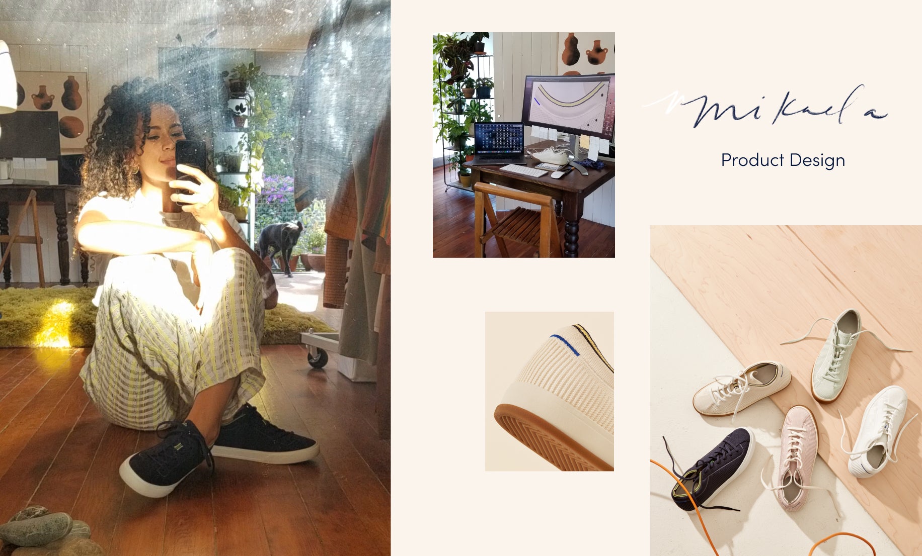 Image with the text “Mikaela—product design”, with a collage of images showing her workstation, her wearing The Lace Up in Navy,  the heel design detail of The Lace Up, and an assortment of lace up sneaker colors. 