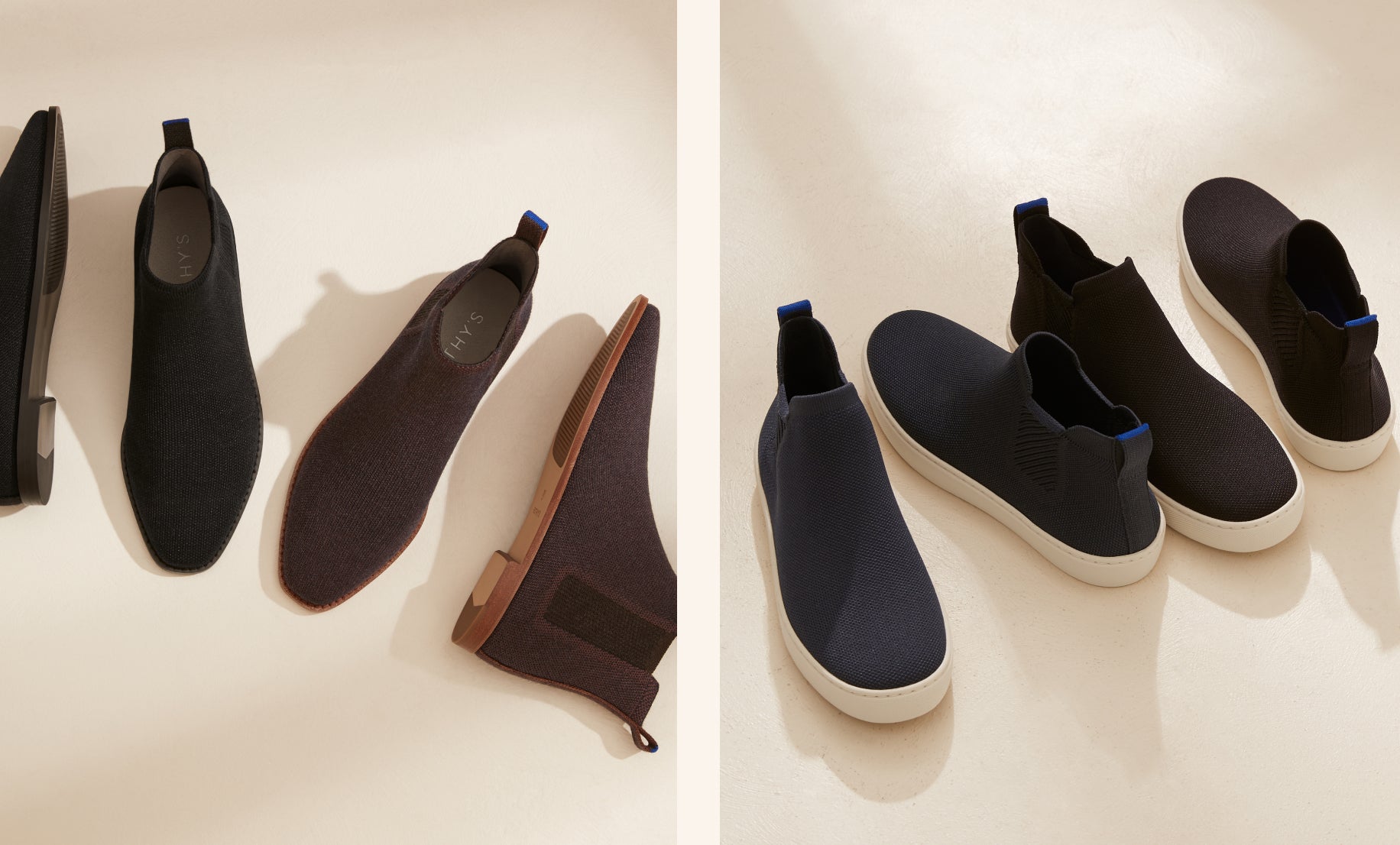 On the left, The Merino Ankle Boot in Onyx Black and Cocoa Brown. On the right, The Chelsea in Black and Nightfall. 