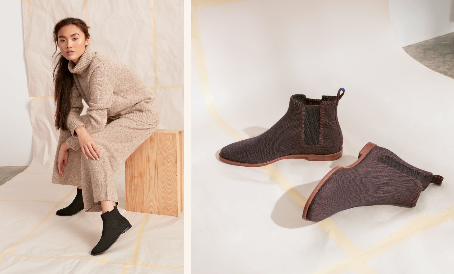 On the left, model sitting on a wooden block wearing The Merino Ankle Boot in Onyx Black. On the right, close up of The Merino Ankle Boot in Cocoa Brown on papered flooring. 