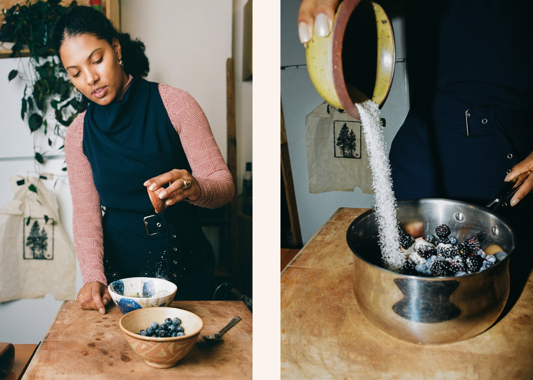 On the left, Chef Tara juicing an orange in a bowl. On the right. Chef Tara pouring sugar into a pot filled with berries. 