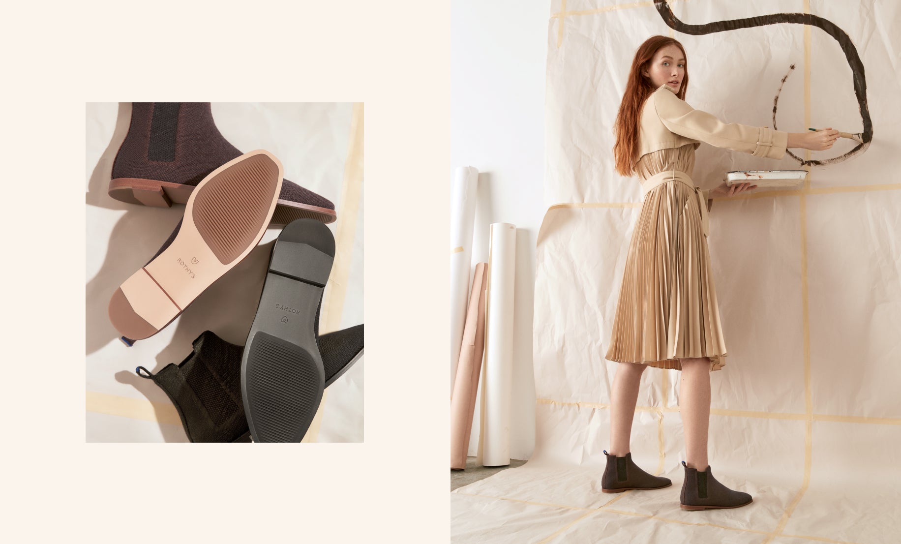 On the left, two pairs of The Merino Ankle Boot in Onyx Black and Cocoa Brown lying on the floor. On the right, model wearing The Merino Ankle Boot in Cocoa Brown and painting on a cream canvas. 