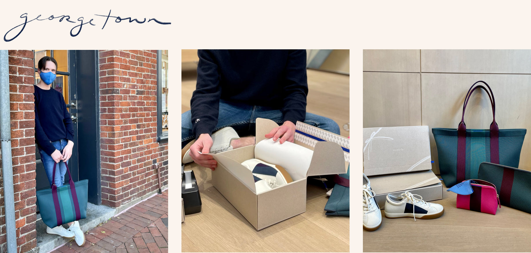 Image with an illustration of the word “Georgetown”, with pictures of a Rothy’s retail team member wearing a bright blue mask and holding The Essential Tote in Deep Spruce, a close up of him opening a shoebox, and a lineup of Rothy’s bags and shoes. 