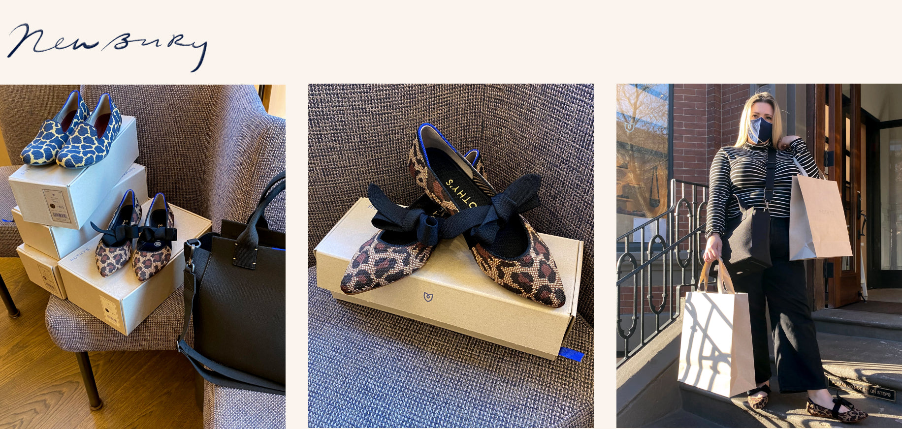 Image with an illustration of the word “Newbury”, with pictures of The Loafer in Navy Giraffe, The Mary Jane in Wildcat, and a Rothy’s retail team member holding bags. 