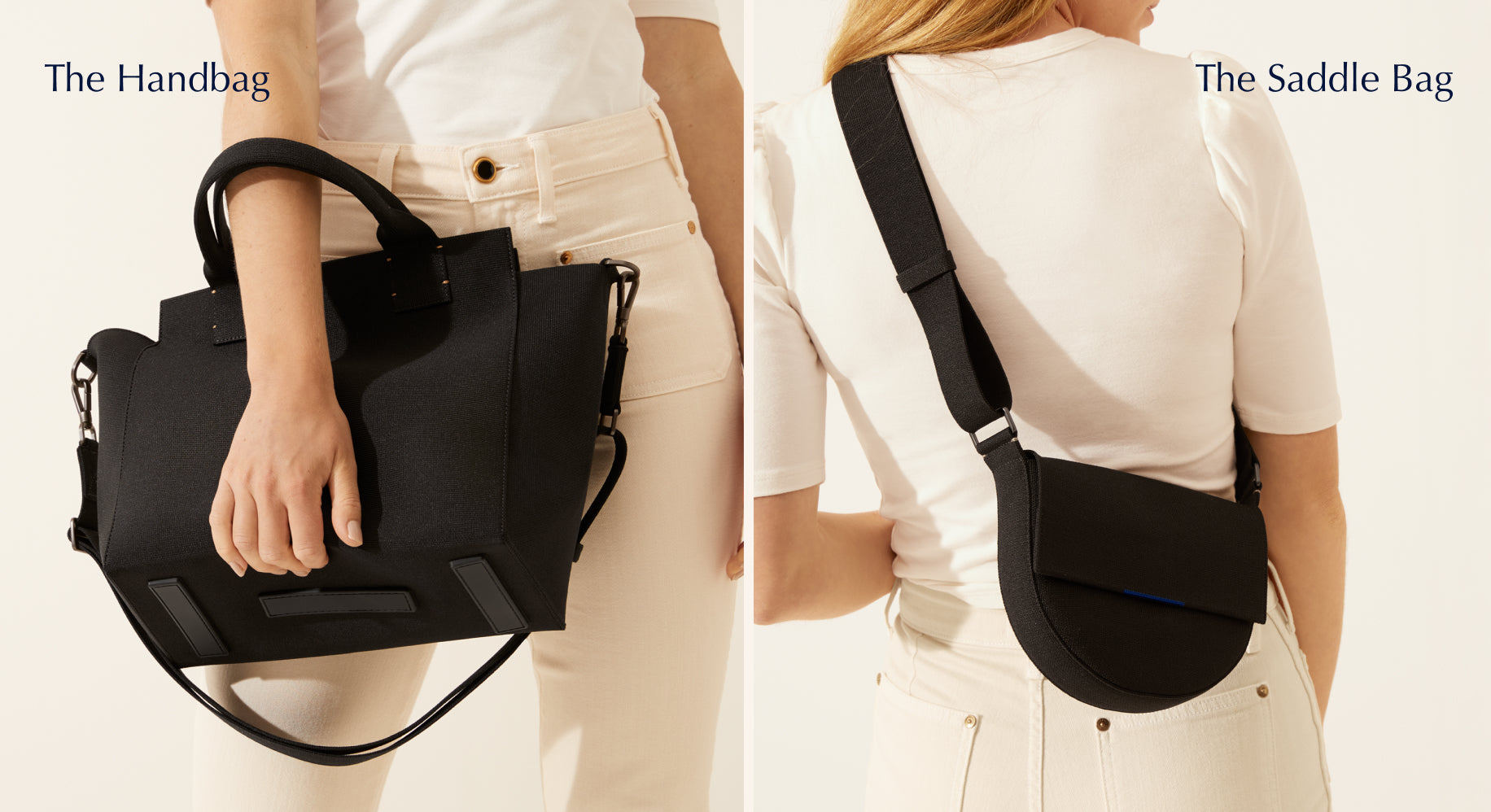 On the left, model holding The Handbag in Total Black. On the right, model wearing The Saddle Bag in Total Black.