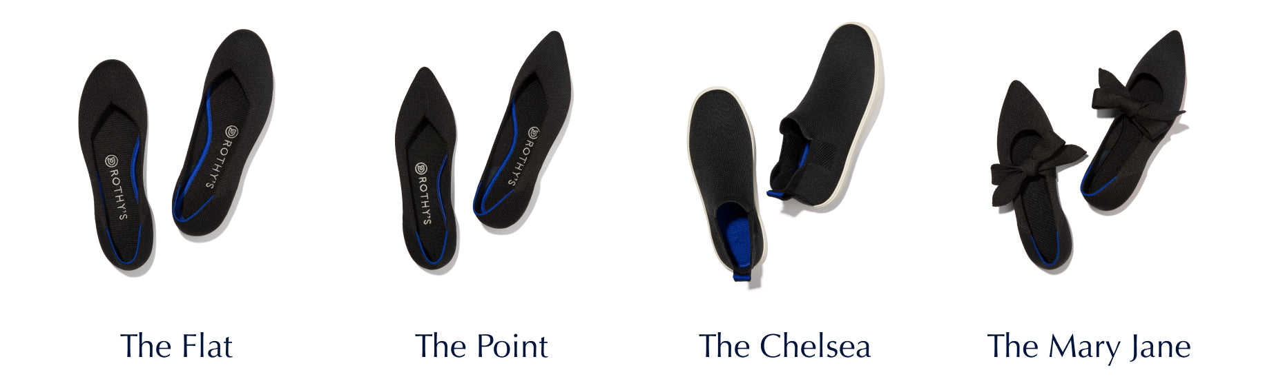 Lineup of The Flat, The Point, The Chelsea and The Mary Jane in Black, with silhouette names under. 