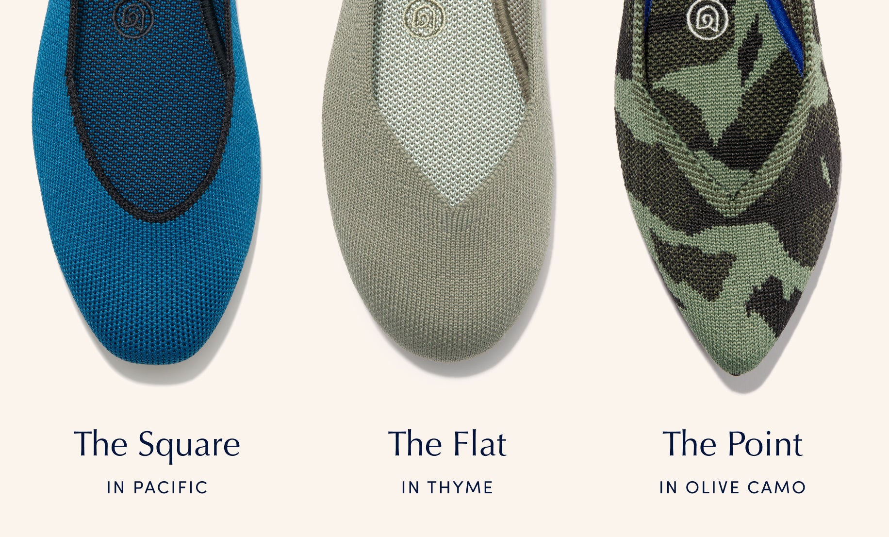 Image showing The Square in Pacific, The Flat in Thyme and The Point in Olive Camo, with the product name listed beneath each shoe. 