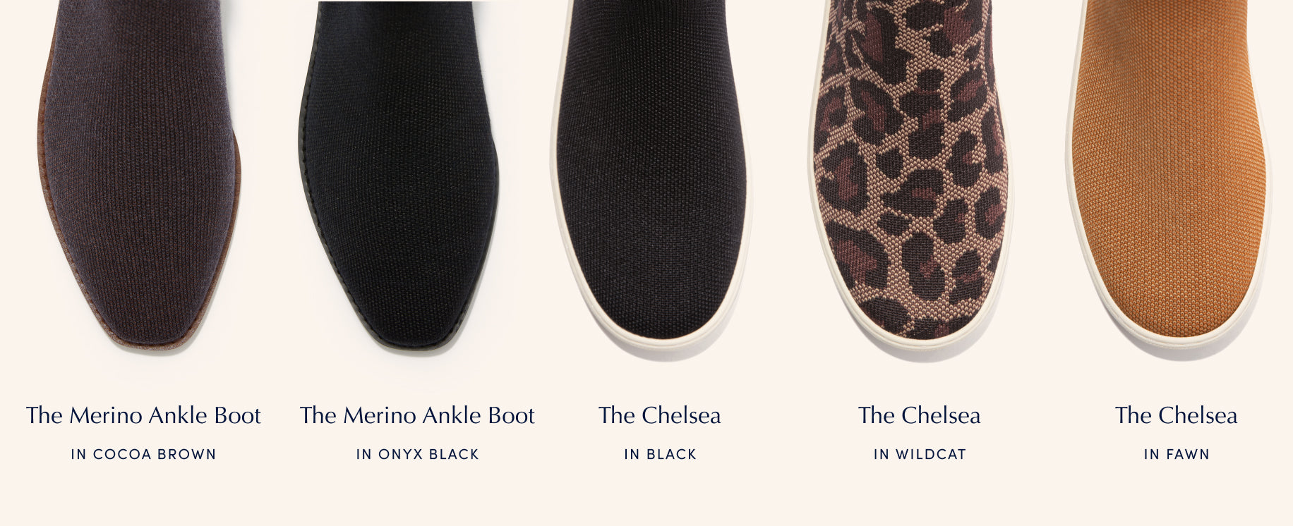 Infographic showing the toe areas of an assortment of The Merino Ankle Boot and The Chelsea styles, with each silhouette name beneath.  