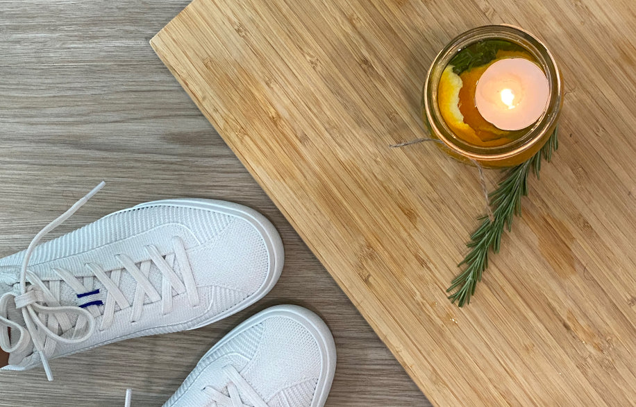 Mason jar glass candle, pictured with The Lace Up in Bright White.