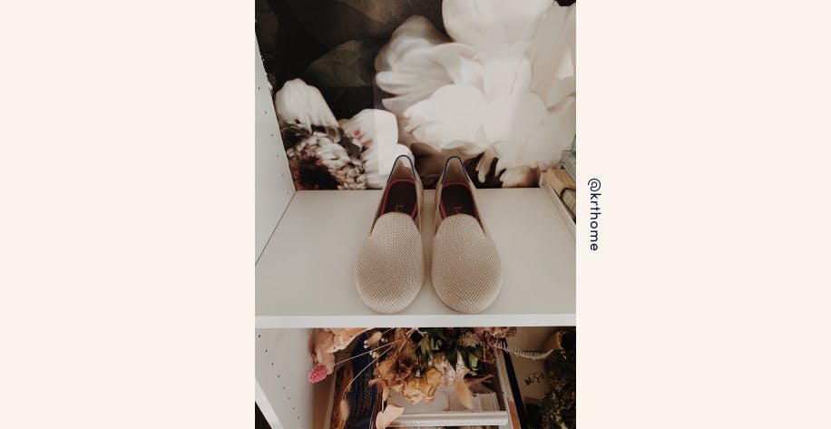 An instagram image by user @krthome of a pair of neutral Rothy's loafers placed upon a white shelf. 
