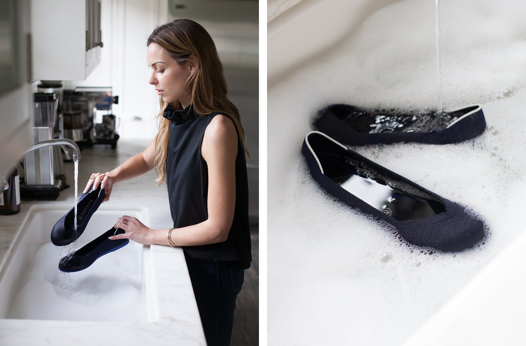 Image of woman washing her navy Rothy's flats in the sink, with soapy water. 