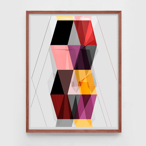 Framed abstract art made of triangles and bright primary colors